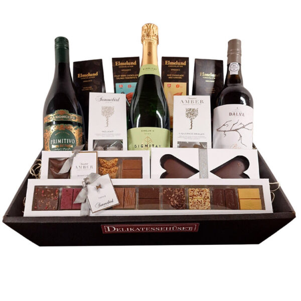 Gavekurv - Storslået økologisk kurv med vin, portvin og chokolade