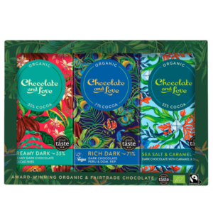 Chocolate and Love Gaveæske med Fairtrade plader chokolade Ø (3x80 g)