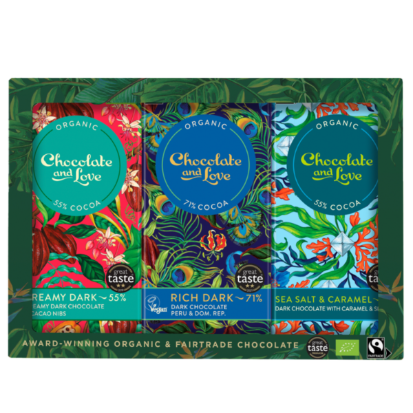 Chocolate and Love Gaveæske med Fairtrade plader chokolade Ø (3x80 g)