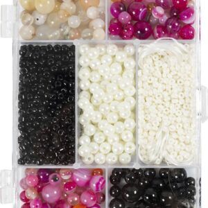Diy Mix Smykker - Agater - Str. 2,6-10 Mm - Hulstr. 0,8-1,8 Mm - Beige - Sort - Pink - Hvid Perlemor