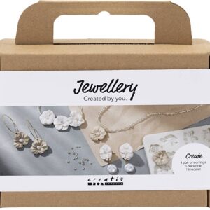 Mini Diy Kit Smykker - øreringe - Armbånd Og Halskæde Med Blomsterdesign - Beige - Lys Pudder - Varm Beige