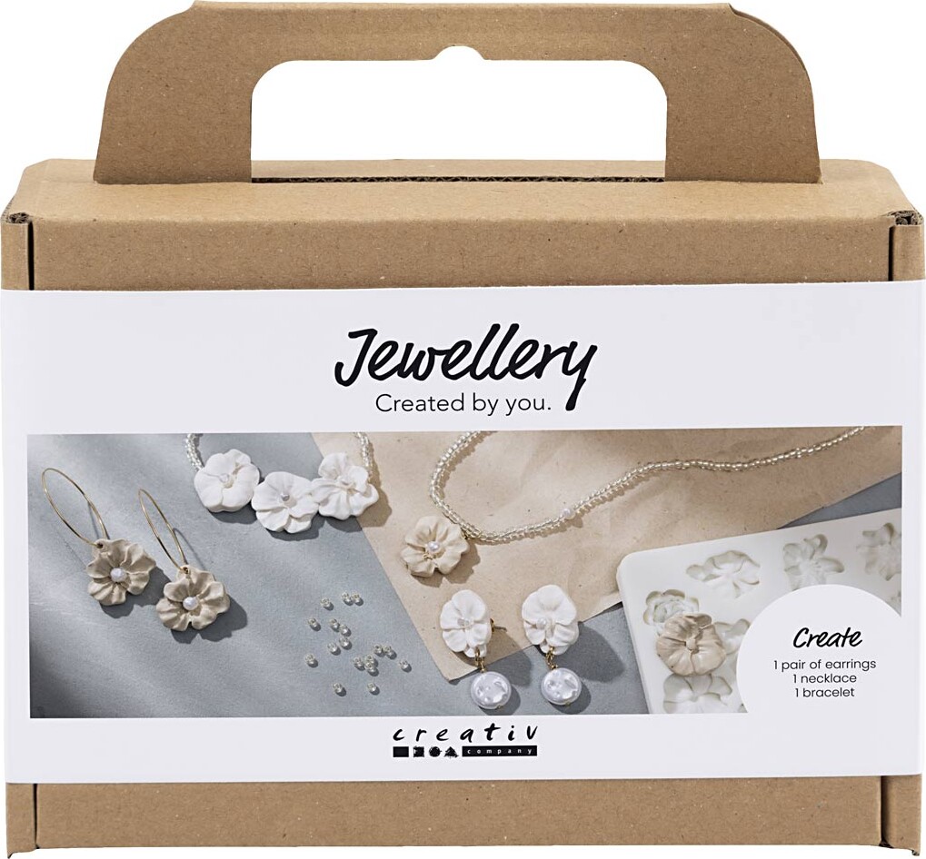 Mini Diy Kit Smykker - øreringe - Armbånd Og Halskæde Med Blomsterdesign - Beige - Lys Pudder - Varm Beige